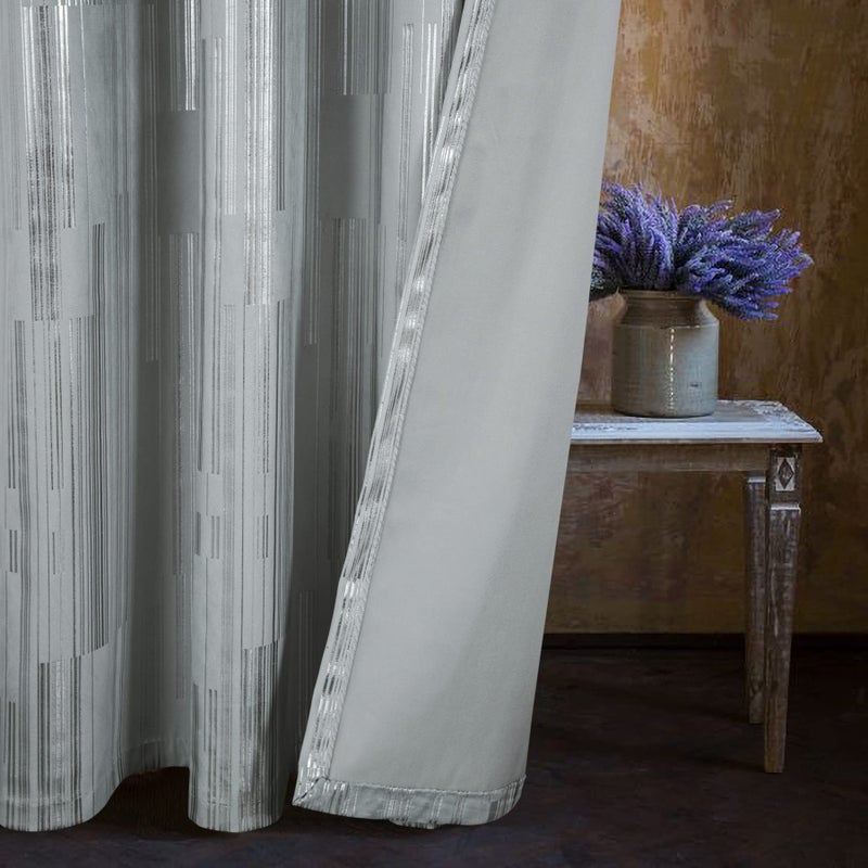 always4u Soft Velvet Curtains 108 Inches Long Luxury Foil Print Bedroom Curtains Energy Efficient Window Treatments for Living Room Set of 2 Silver - Image 4